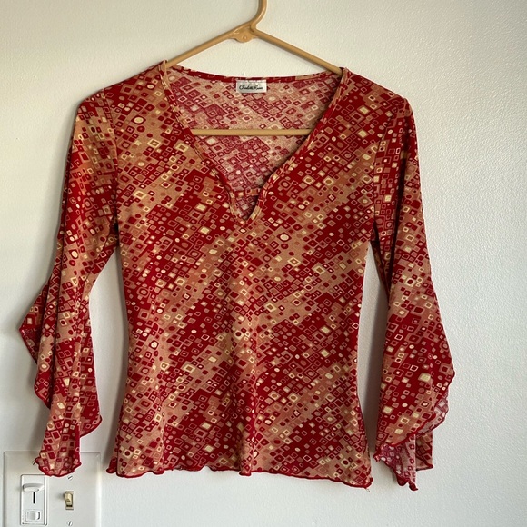 90s Charlotte Russe Red Bell Sleeves Top Medium Y2K Grunge Vintage Indie - Picture 2 of 8